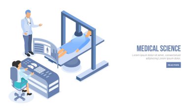 İzometrik karakter bir doktor hasta tıbbi bilim web sayfa tasarımı açılış için tüm vücut tarama.