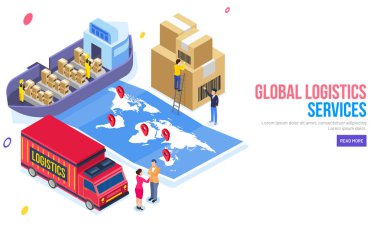Kargo yük gemisi, izometrik teslimat kamyonu harita ve teslimat kutuları çizim Global Lojistik Hizmetleri web şablon tasarımı ile aracılığıyla.