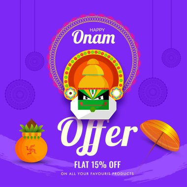 Mutlu Onam satışı başlık sayfası veya poster tasarım % 15 indirim teklif, Kathakali dansçı yüz ve Festivali kutlama konsepti için mor zemin üzerine parlak altın şemsiye ile.