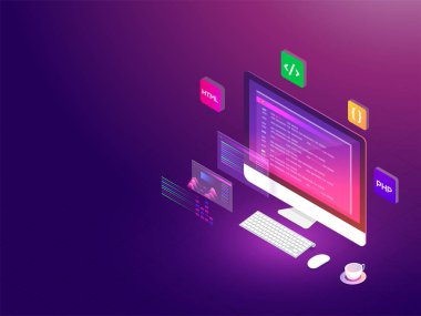İzometrik çizimde farklı programlama dilleri yazılım geliştirme duyarlı açılış sayfası ile masaüstü.