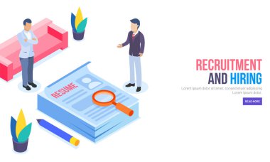 İzometrik tasarım duyarlı web afiş, insanlar veya işveren için birbirlerine tartışmak, analiz işe veya işe alım kavramı için devam.