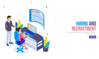 İzometrik tasarım için bir açılış sayfası, işveren analiz laptop, veri doğrulama veya seçim işlemi özgeçmiş verileri iş fırsatları ve işe alım için.