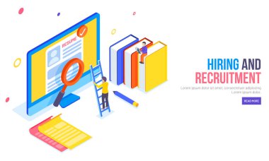 Duyarlı web şablonu tasarım izometrik Masaüstü, Büyüteç Camı, erkek ya da işveren ile bir özgeçmiş işe ve işe alım konsepti için seçin.