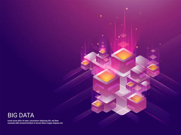 Big Data Concept Based Isometric Illustration Glowing Servers Abstract Elements — Stock Vector