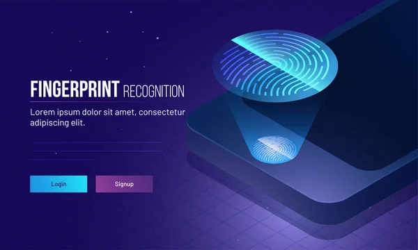 指紋認識概念 ログインまたはサインアップ指紋スキャナーとスマート フォンの等角投影図のページです レスポンシブ Web デザイン テンプレート — ストックベクタ