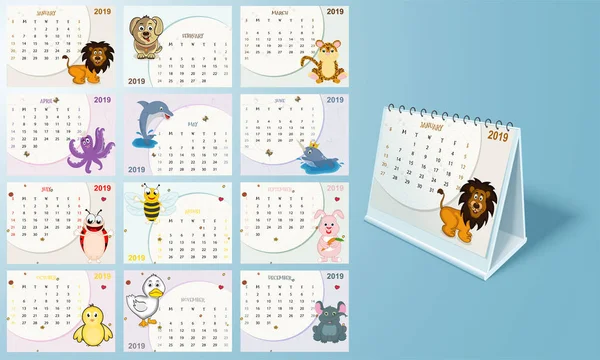 Conjunto Completo Meses Projeto Calendário Anual Para 2019 Com Caráter — Vetor de Stock