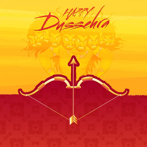 Fondo Dussehra Feliz Flecha Arco Dorada Con Cara Demonio Ravana — Vector de stock