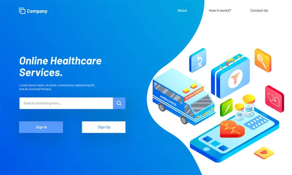 Conceito Cuidados Saúde Line Design Modelo Web Responsivo Com Ilustração — Vetor de Stock
