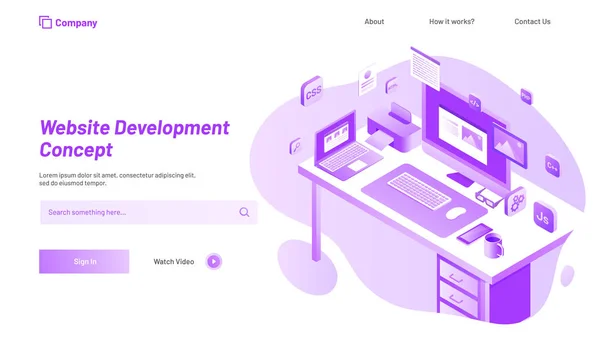 Website Development Concept Responsive Landing Page Design Isometric Illustration Working — Stock Vector