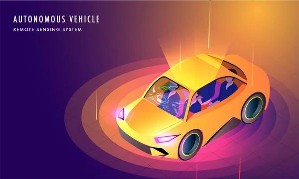 Autonomes Fahrzeug Fernerkundungssystem Konzept Isometrische Illustration Mit Smart Car Zwischen — Stockvektor