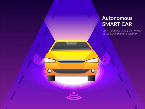 Έννοια Φουτουριστική Τεχνολογία Εικονογράφηση Του Smart Αυτοκίνητο Στον Δρόμο Μεταξύ — Διανυσματικό Αρχείο