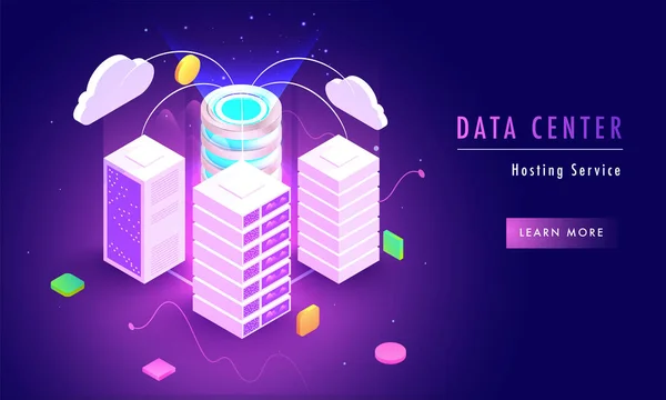 Conceito Serviço Hospedagem Data Center Com Servidores Isométricos Conectados Com —  Vetores de Stock