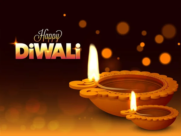 Illuminated Oil Lamps Diya Shiny Bokeh Background Happy Diwali Celebration — Stock Vector