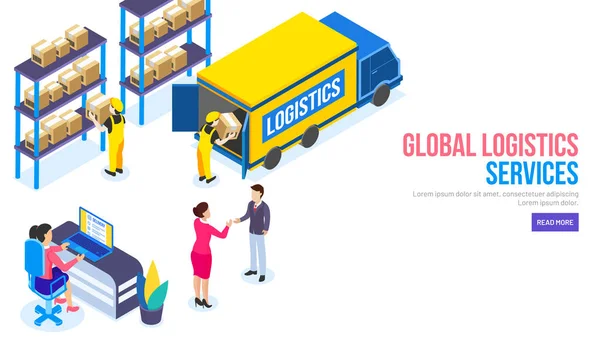 全球物流服务理念为基础的登陆页设计 两个业务伙伴的等距说明敲定交易 工人装货箱卡车 — 图库矢量图片