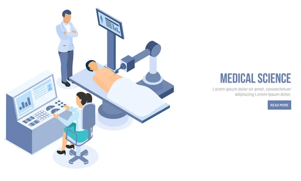 Diseño Página Aterrizaje Ciencias Médicas Con Médico Revisando Paciente Mediante — Vector de stock