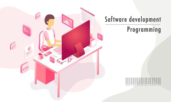 Softwareontwikkeling Programmering Concept Isometrische Illustratie Van Analist Ontwikkelaar Zoek Het — Stockvector