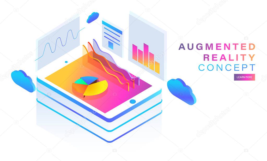 Isometric illustration of smartphone with business growth or success statistics with the help of pie and bar graph. Augmented Reality (AR) concept based landing page design.