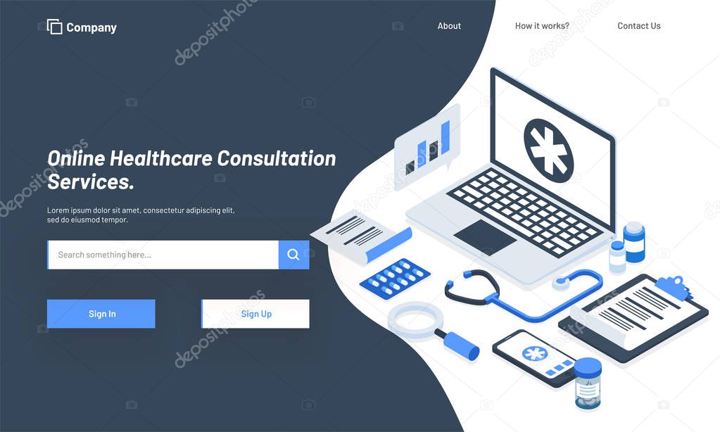 Isometric illustration of laptop with medical equipments, responsive hero banner design for Online Healthcare Consultation Service concept.