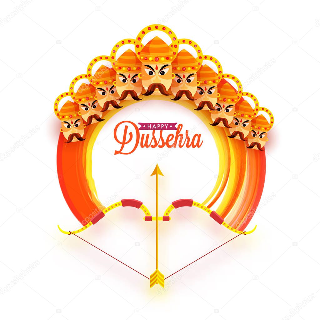 Hindu Mythological Demon Ravana with his ten heads and golden bow and arrow taking an aim against him for Dussehra festival celebration.