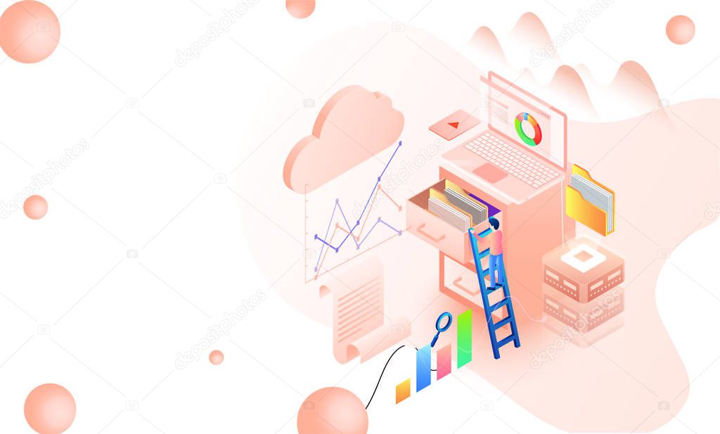 Data manage concept with isometric illustration of laptop connected with web server, man climbing on ladder for folder or data storage on abstract background.