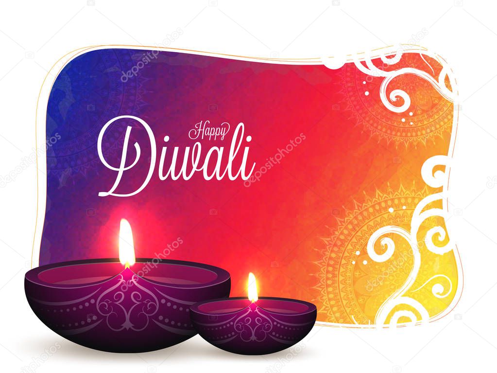 Greeting card design with illustration of illuminated oil lamps (Diya) on brush stroke, floral background for Happy Diwali celebration.