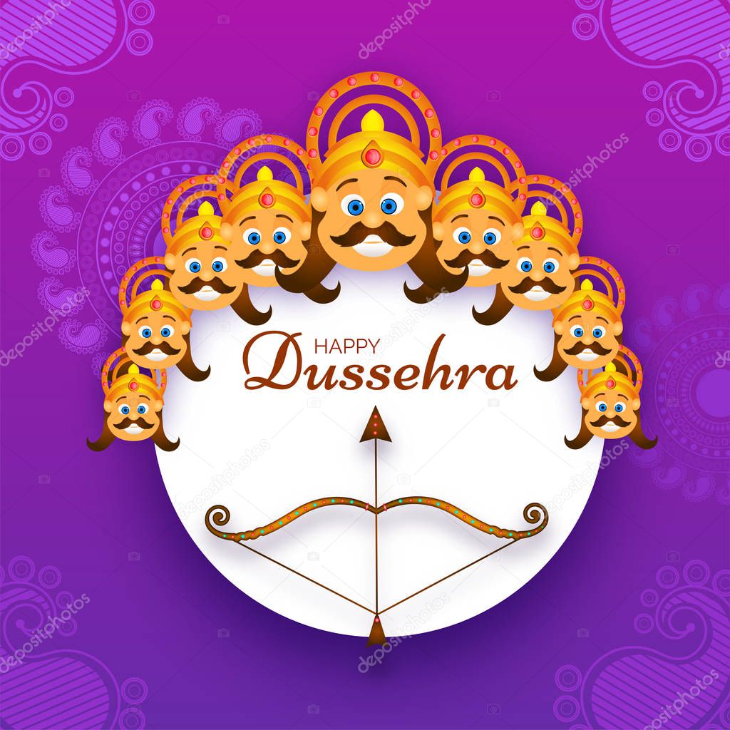 Happy Dussehra festival poster or template design with illustration of Demon Ravana face with his ten heads and brown Bow-Arrow on ornamental purple background.