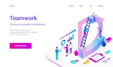Modern düz tasarım kahraman görüntü minyatür insanlarla birlikte çalışıyoruz. Ekip çalışması kavramı. Duyarlı açılış sayfası.