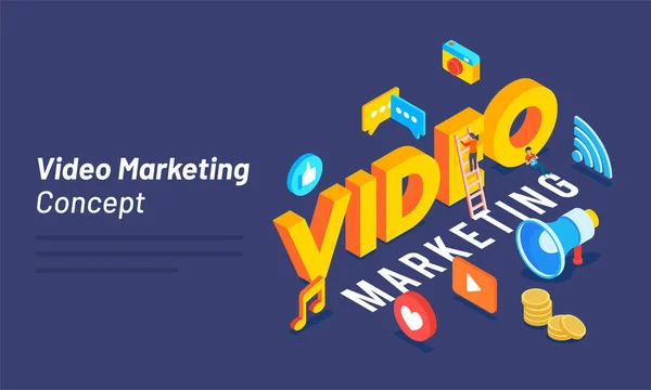 Textvideo Mit Social Media Und Marketinggeräten Konzept Für Video Marketing — Stockvektor