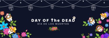 Renkli çiçek ve şeker kafatasları kutlama konsepti için Meksika Festivali gün Of The Dead üstbilgi veya afiş tasarım süslenmiş.