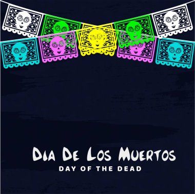 Renkli parti bayrakları Meksika Festivali kutlama konsepti için İspanyolca Dia De Muertos yazı arka arka plan üzerinde süslenmiş.