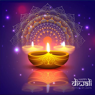 Diwali festivali kutlama için etkisi aydınlatma ile parlak mavi arka plan üzerinde çiçek mandala şekli ile ışıklı kandil.