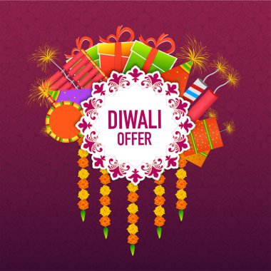 Festival satış konsepti için çiçek çelenk süslenmiş Diwali teklif etiket fişeklerle şablonu veya el ilanı tasarım dayalı.