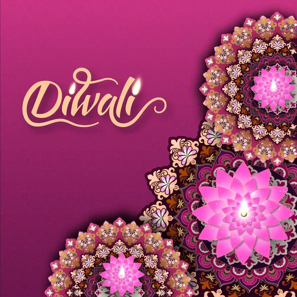 Exquisite Floral Design Fuschia Background Stylish Lettering Diwali Greeting Card — Stock Vector