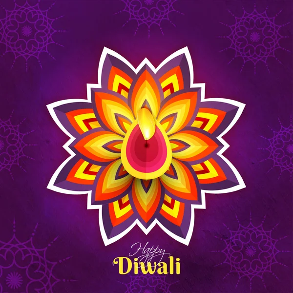Paper Cut Style Flower Illuminated Oil Lamp Purple Background Diwali — Stock Vector