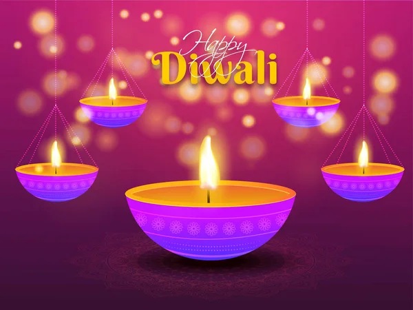 Lampade Olio Illuminate Sfondo Viola Bokeh Happy Diwali Festival Celebrazione — Vettoriale Stock