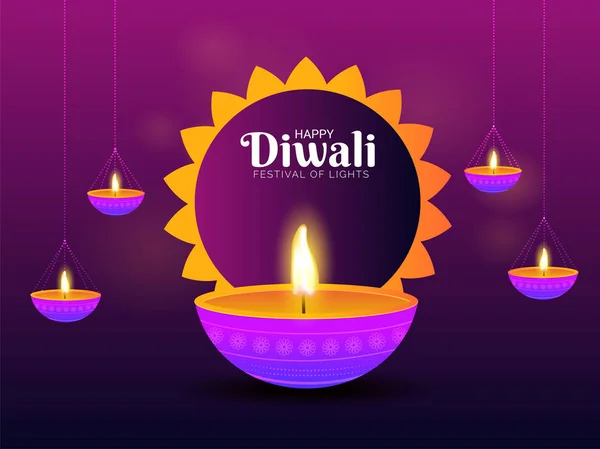 Verlicht Olielampen Glanzende Paarse Achtergrond Voor Gelukkige Diwali Festival Viering — Stockvector