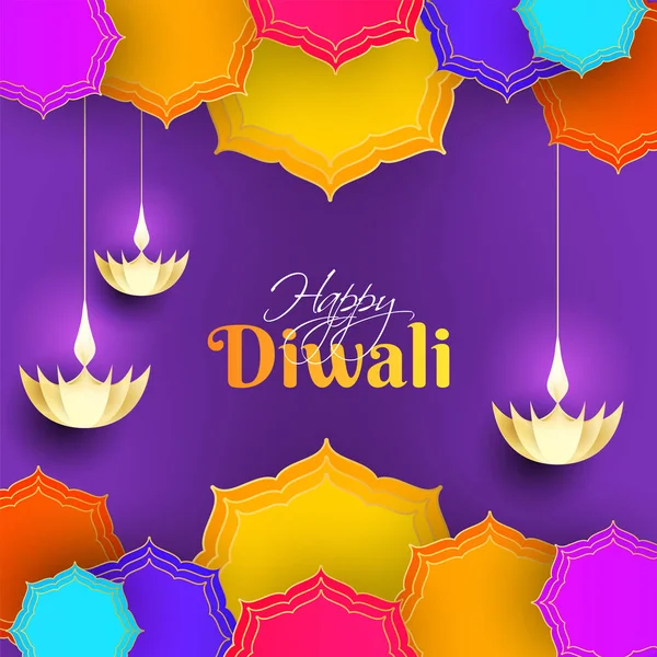 Happy Diwali Życzeniami Projekt Zwisającymi Oleju Lampy Origami Fioletowym Tle — Wektor stockowy