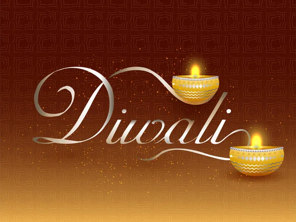 Stylish Typography Text Diwali Illuminated Oil Lamps Shiny Brown Background — Stock Vector