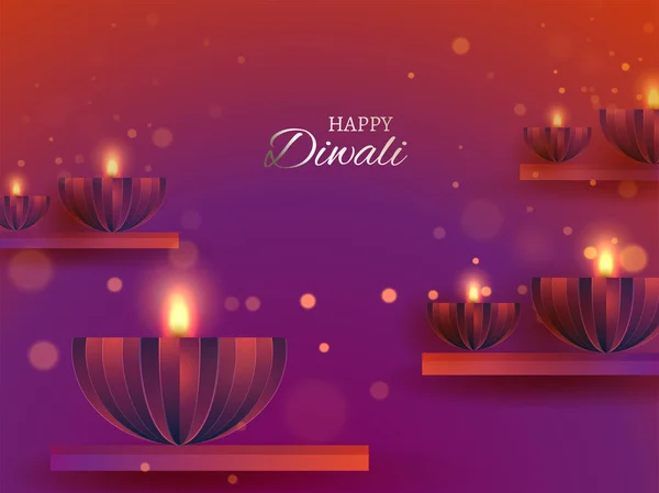 Creative Illuminated Oil Lamps Diya Bokeh Background Text Happy Diwali — Stock Vector