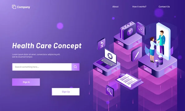 Lady Konzultovat Lékaře Prostřednictvím Mobilní Aplikace Izometrické Lékařské Zařízení Fialovém — Stockový vektor