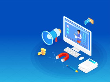 İzometrik masaüstü video oyun ekran, megafon, reklam konsepti için parlak mavi zemin üzerine para yığını ile mıknatıs ile.