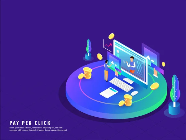 Concetto Pay Click Design Isometrico Illustrazione Del Desktop Con Schermo — Vettoriale Stock