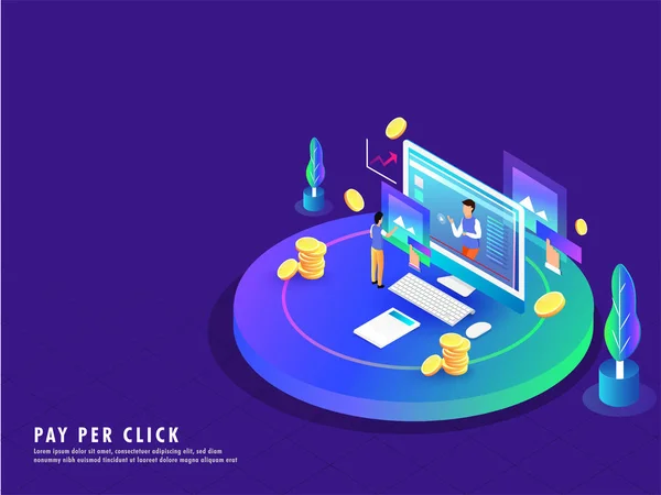 Pay Click Conceito Design Isométrico Ilustração Área Trabalho Com Tela — Vetor de Stock