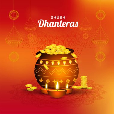 Shubh (Happy) Dhanteras flyer design with illustration of coinpot and illuminated oil lamps on shiny, orange ornamental background. clipart