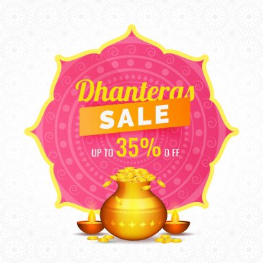 Dhanteras Satılık şablonu veya el ilanı tasarımı ile % 35 indirimli teklif, bozuk para pot ve ışıklı yağ lambası beyaz çiçek arka planda.