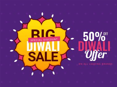 Büyük Diwali Satılık poster ya da mor bacground Hint Festivali kutlama için % 50 indirim teklif ile banner tasarımı.