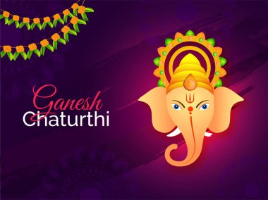 Ganesh Chaturthi festival şablonu veya el ilanı tasarımı ile soyut mor zemin üzerinde Lord Ganesha yüz.