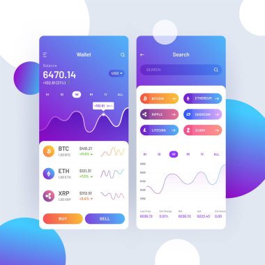 Cryptocurrencies ticaret ve exchange mobil uygulamalar UI veya Ux kavramı. 