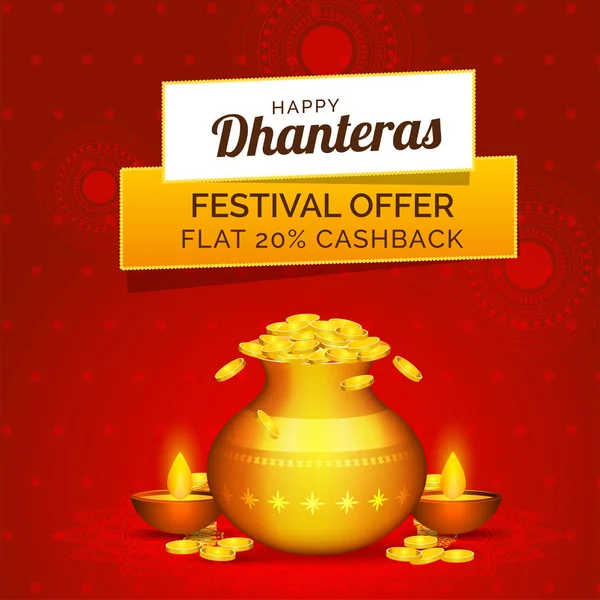 Festival teklif düz %20 Cashback ile altın sikke pot ve Dhanteras Festivali kutlama kırmızı süs arka ışıklı kandil.