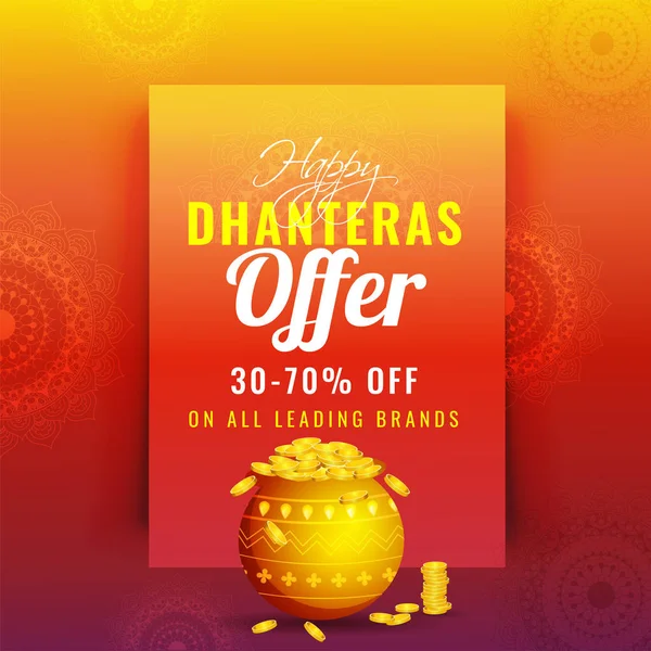 % 30-70 indirim teklif ve illüstrasyon altın sikke ot Dhanteras festival kutlaması için güzel çiçek arka plan üzerinde Satılık poster veya şablon tasarımı.